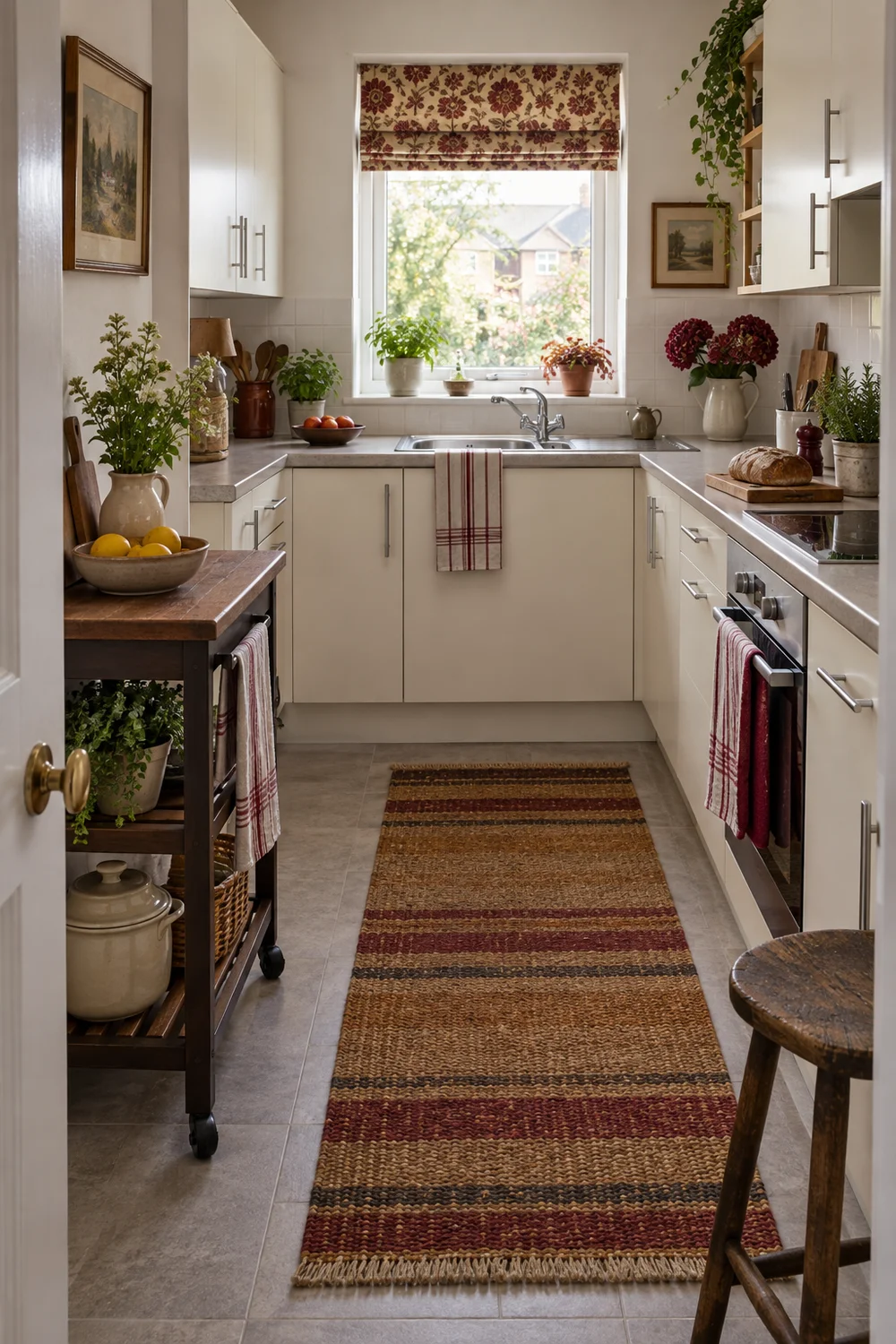 Clear walking route through a narrow rental kitchen with a movable trolley