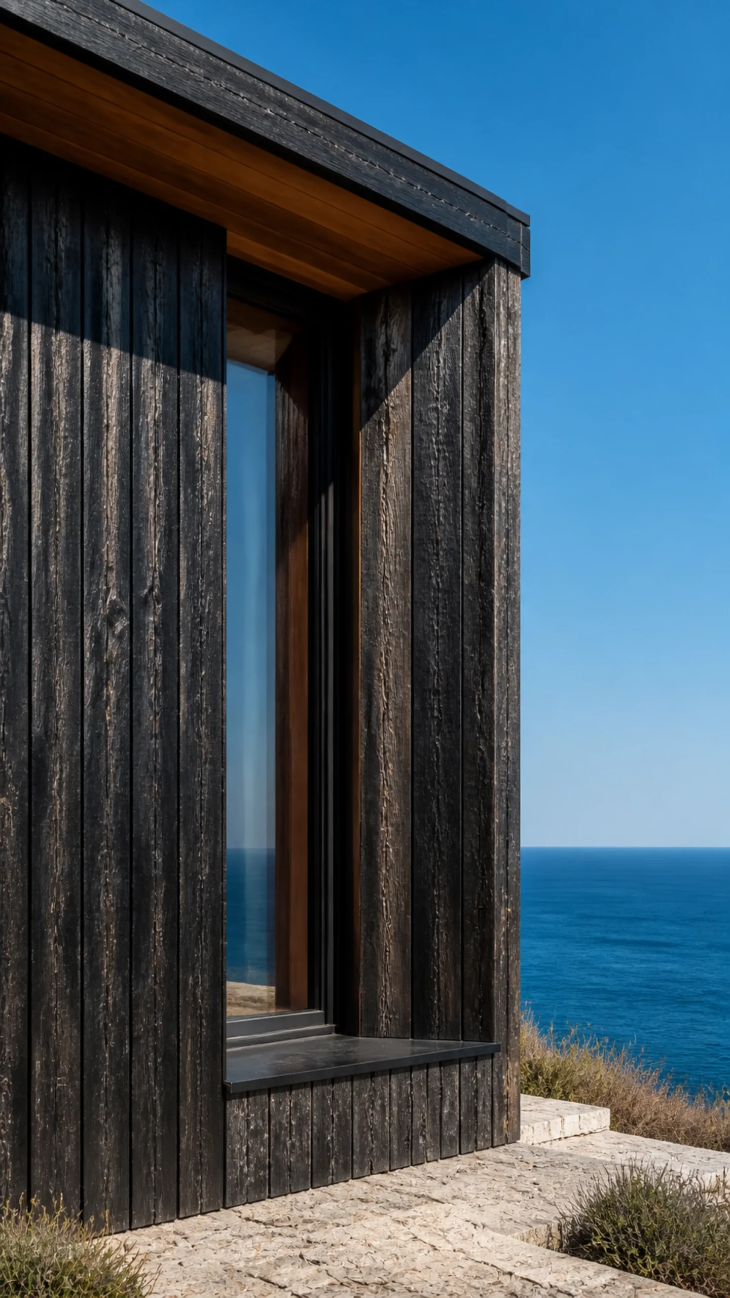 Close study of charred cedar cladding black window reveal and the blue Aegean beyond An original fictional editorial architecture study of material landscape light and spatial view