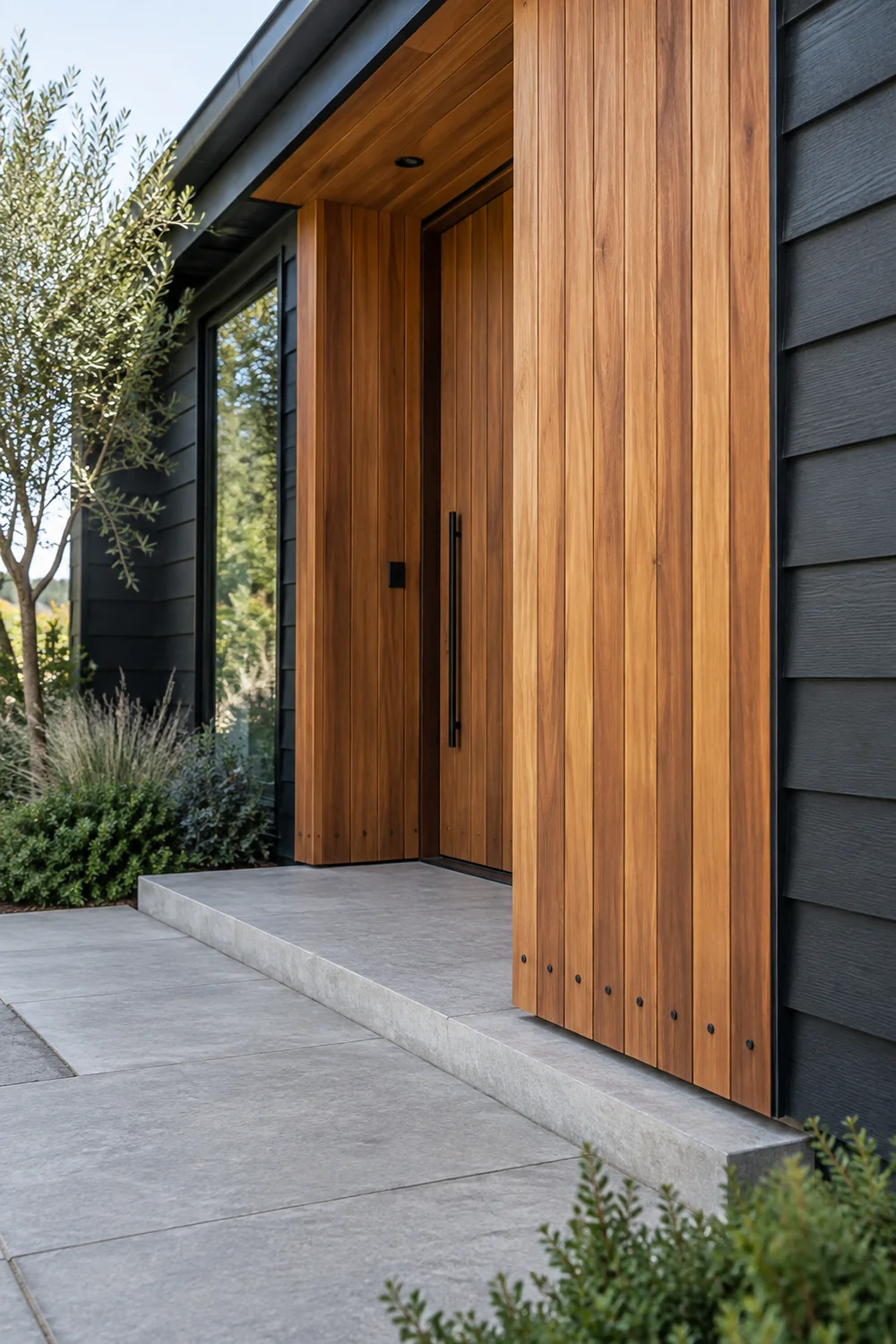 Close view of cedar entrance boards with dark fixings beside black siding