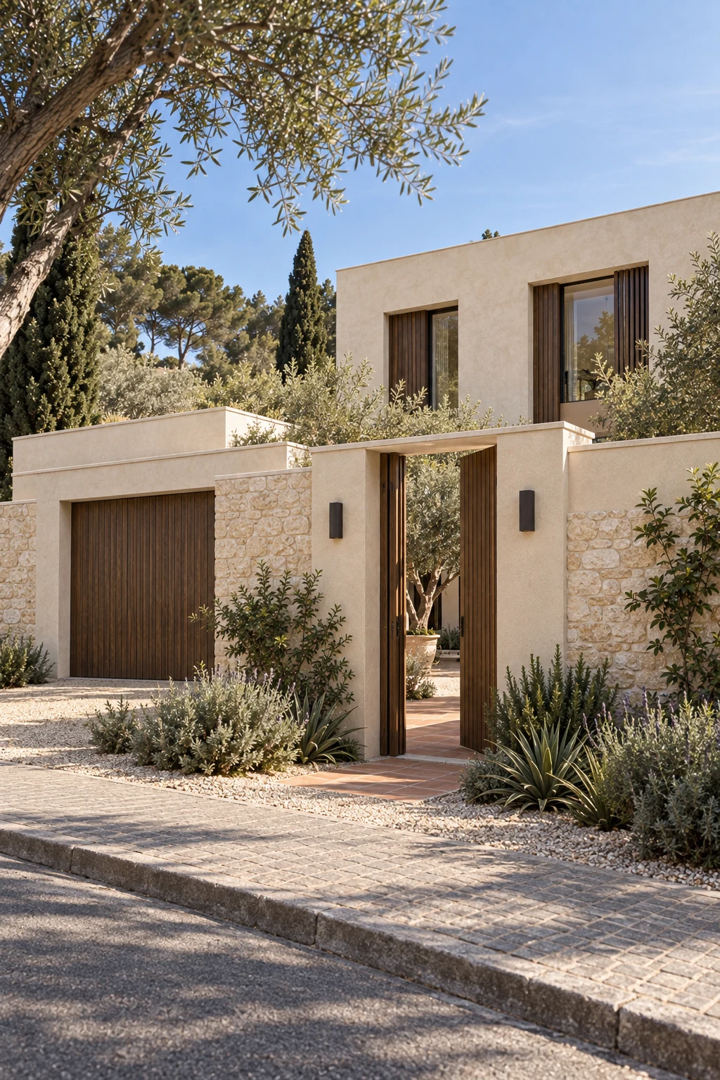 Close view of hand finished lime plaster, pale limestone and smoked timber at the Barcelona house entrance