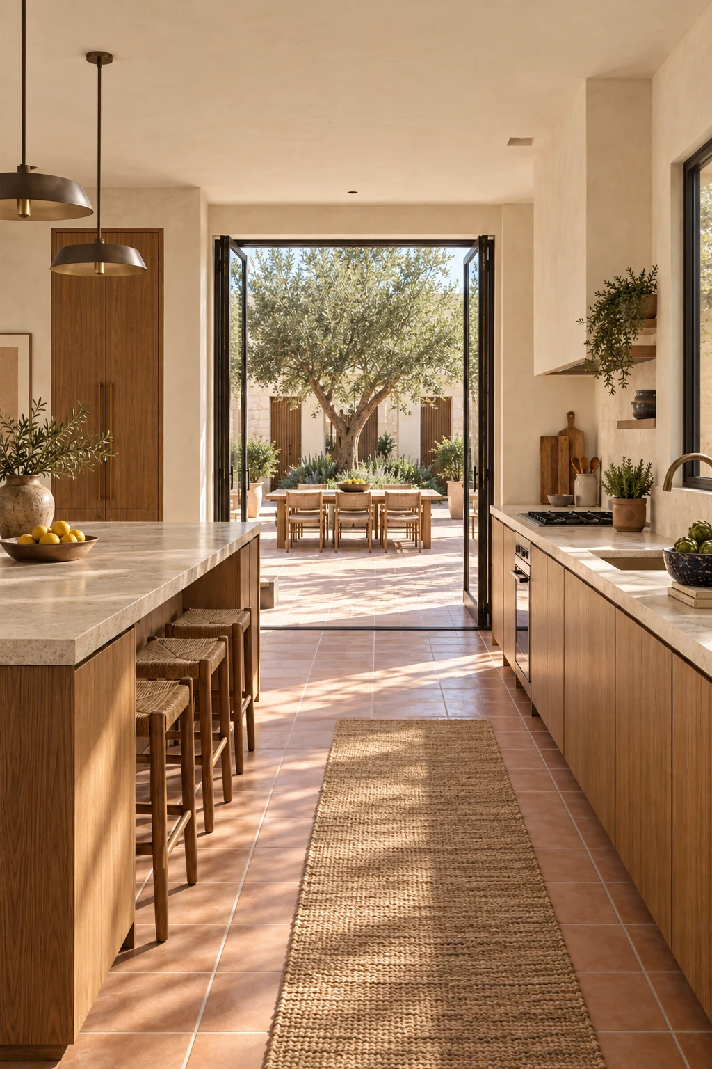 Close view of honed limestone, oak joinery and varied terracotta kitchen tiles
