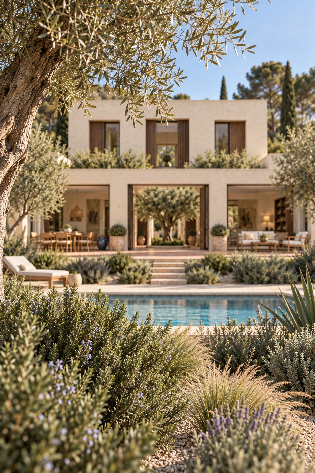 Close view of rosemary, grasses and olive foliage in the gravel Mediterranean garden