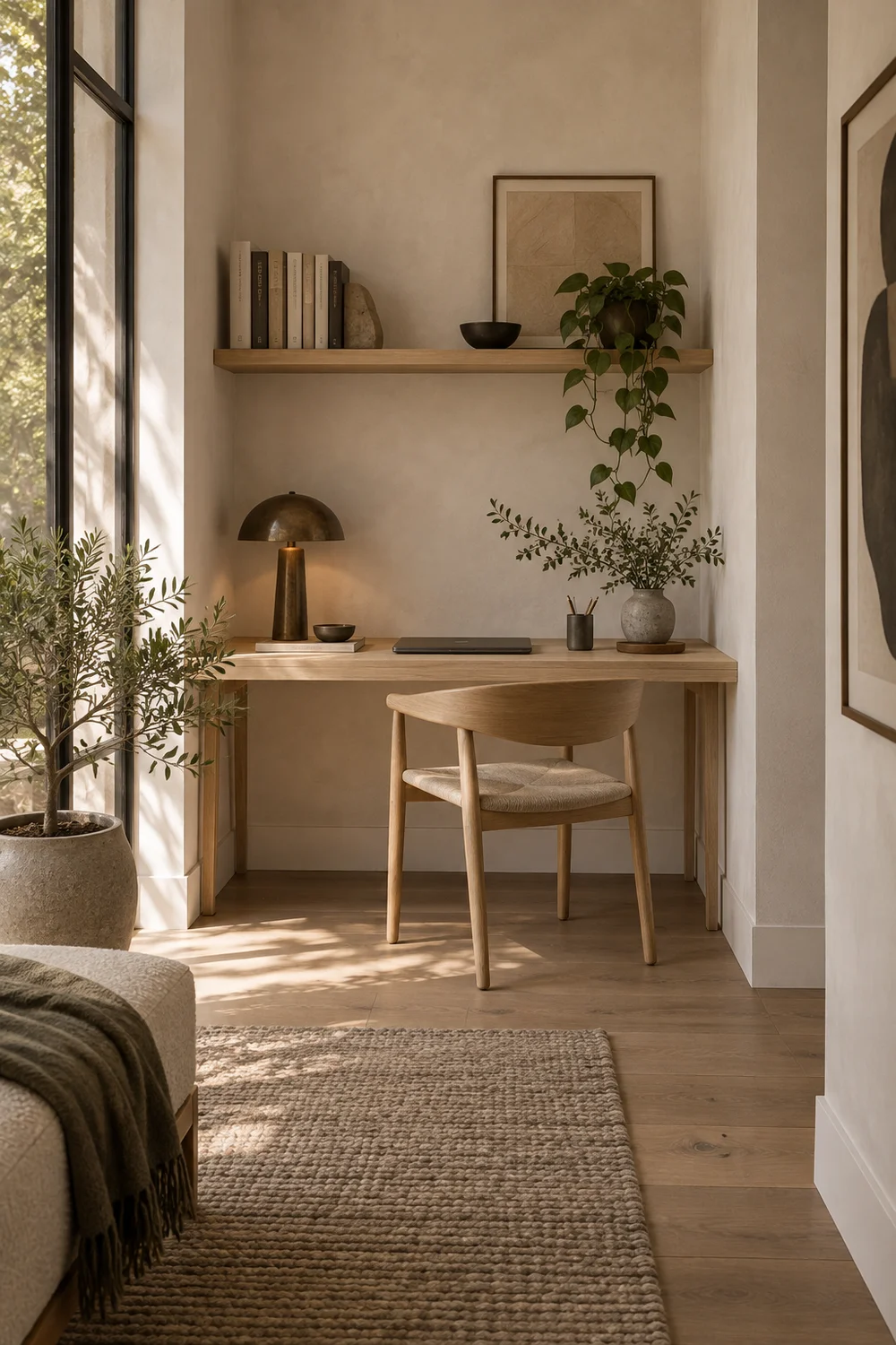 Compact Japandi workspace arranged in a small alcove