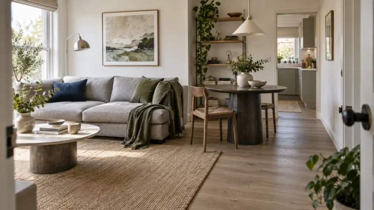 Compact apartment living room with grey sofa and dark dining table beside a clear route to the kitchen