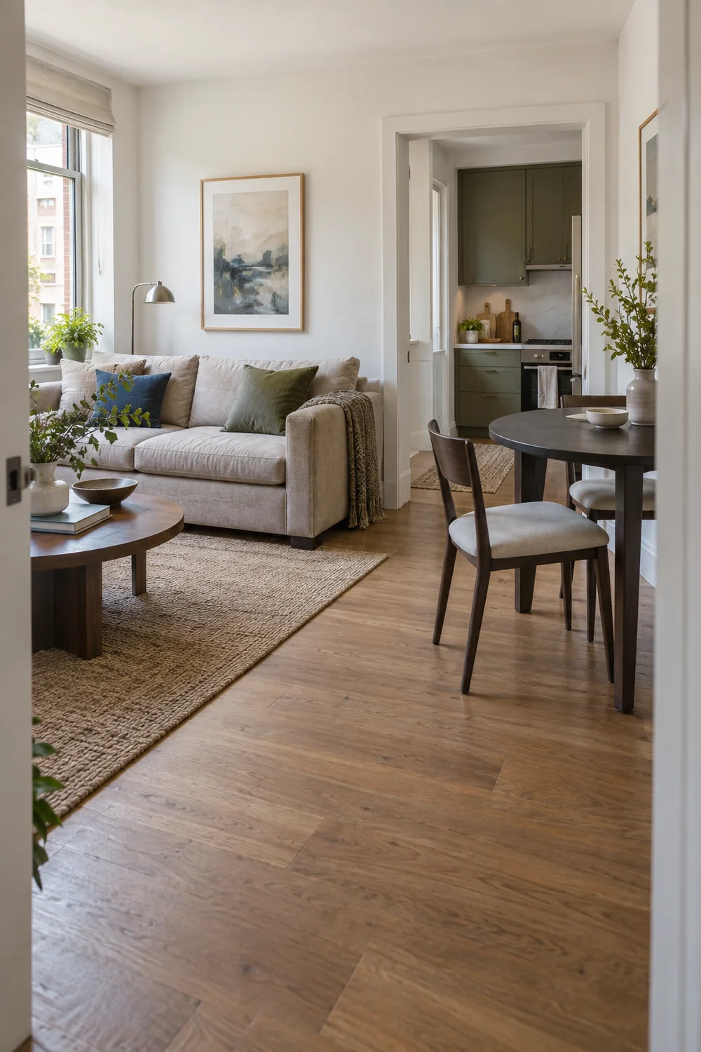 Compact dining table and grey sofa with a clear floor route to the kitchen