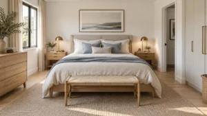 Compact modern bedroom with two bedside areas and clear floor space