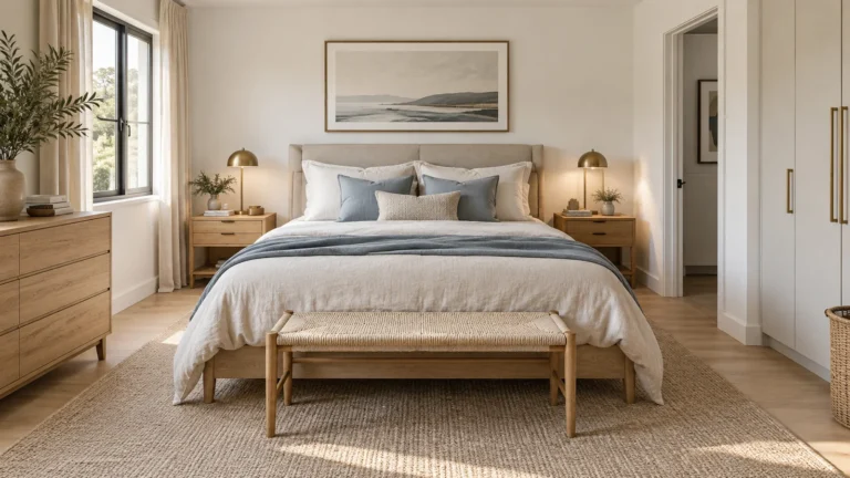 Compact modern bedroom with two bedside areas and clear floor space