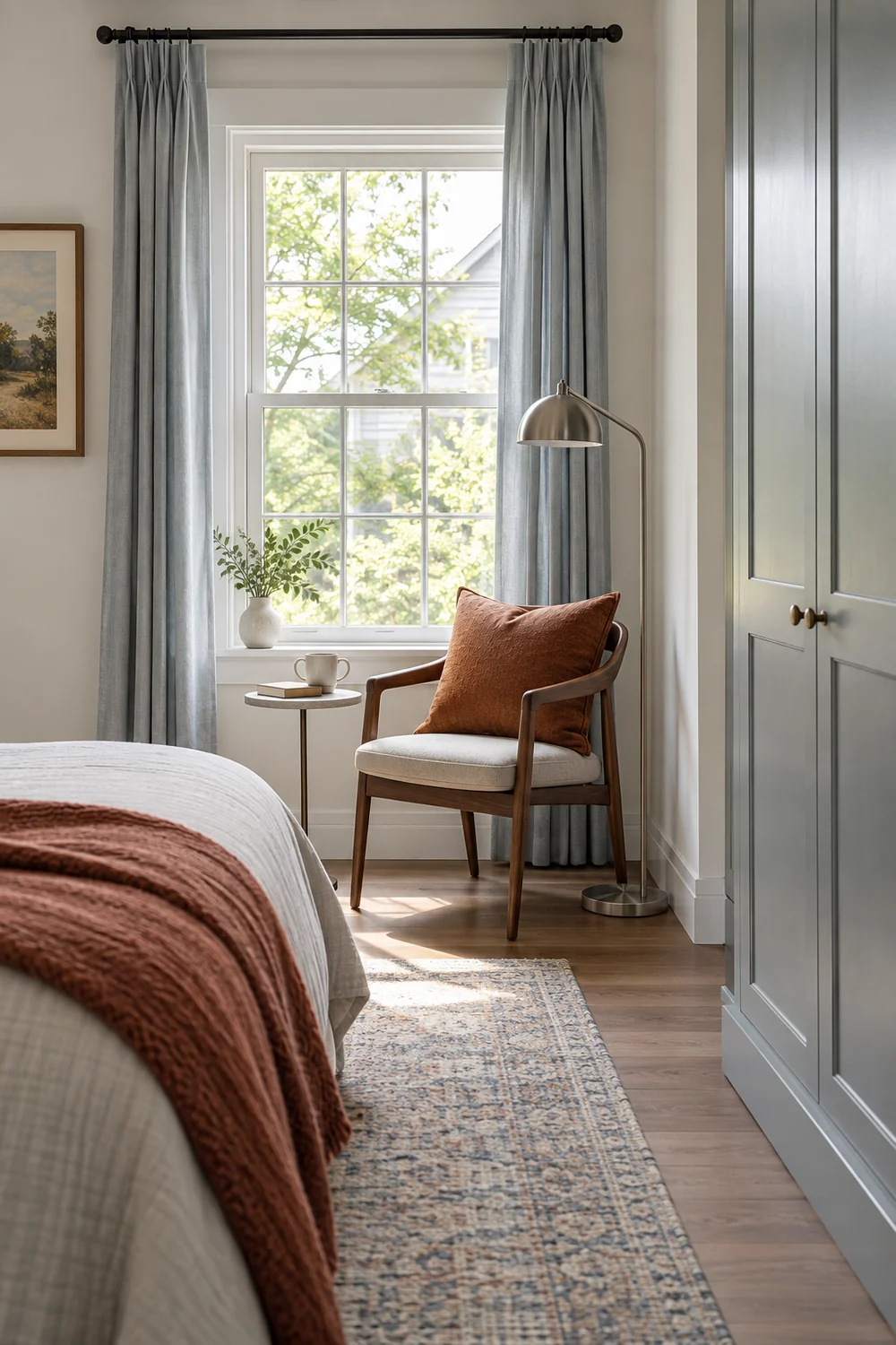 Compact reading chair beside a bedroom window with curtain access