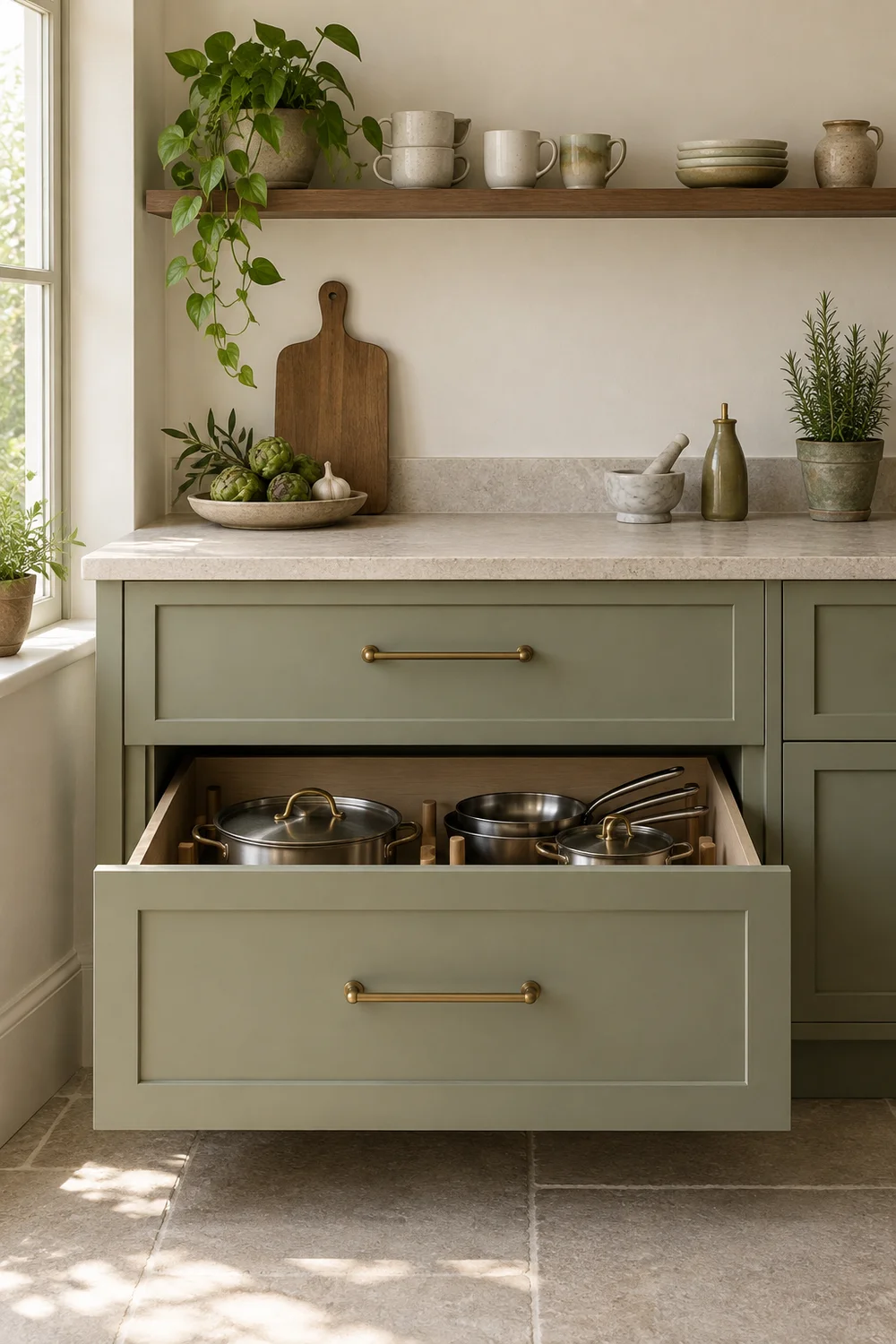 Compact sage kitchen with deep drawers and one smoked oak shelf