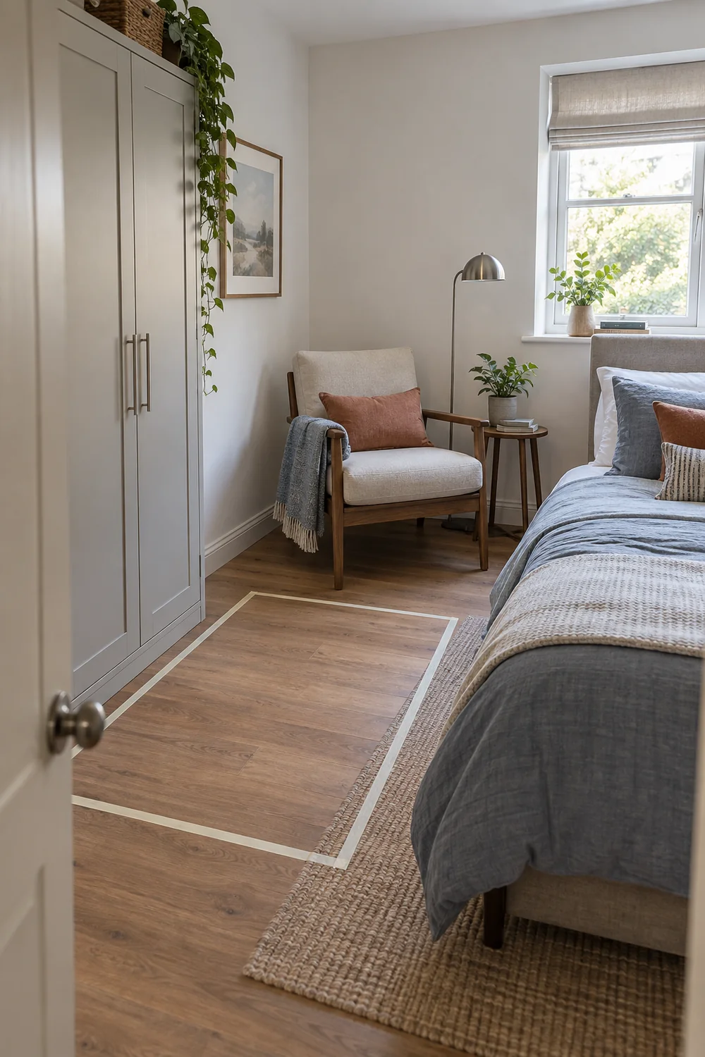 Compact walnut chair with tape showing a larger seat footprint beside the bed
