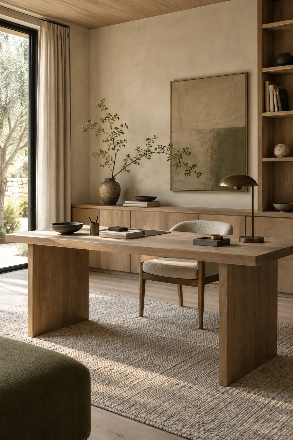 Complete Japandi home office with oak furniture and calm natural light