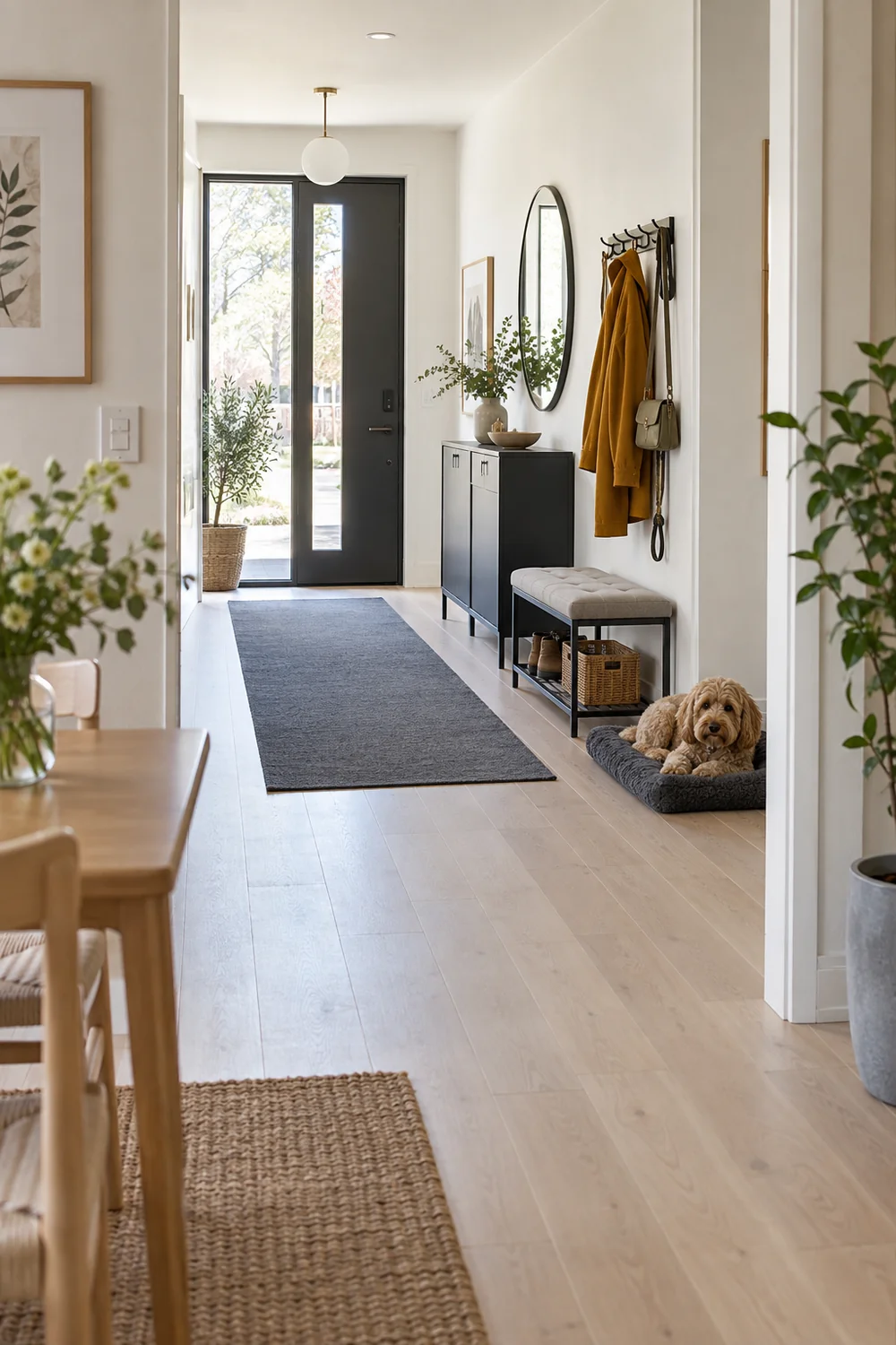 Complete bright Scandinavian hallway with small dog resting away from the walking route