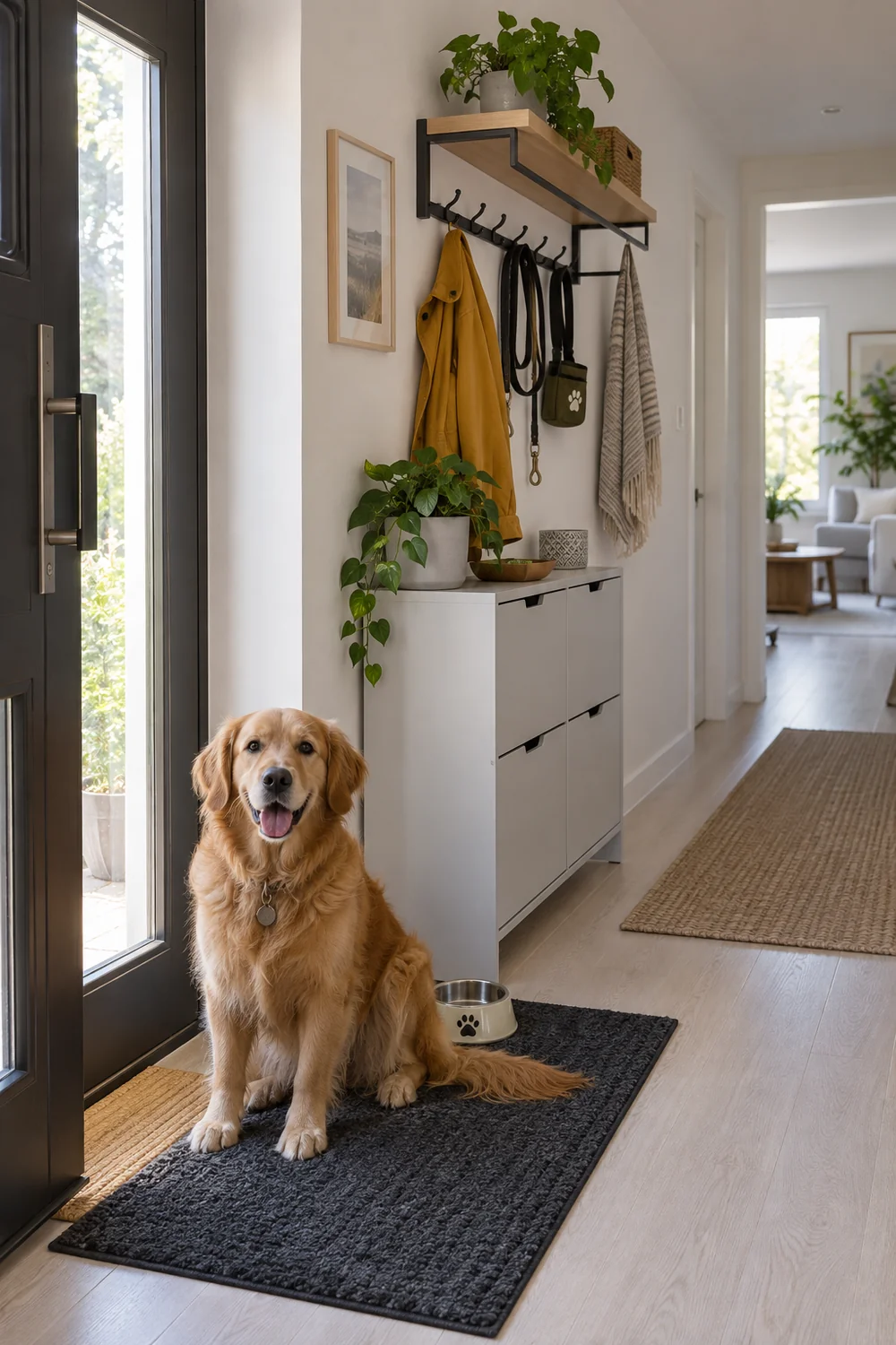 Completed dog entryway station with slim shoe cabinet hook and mat