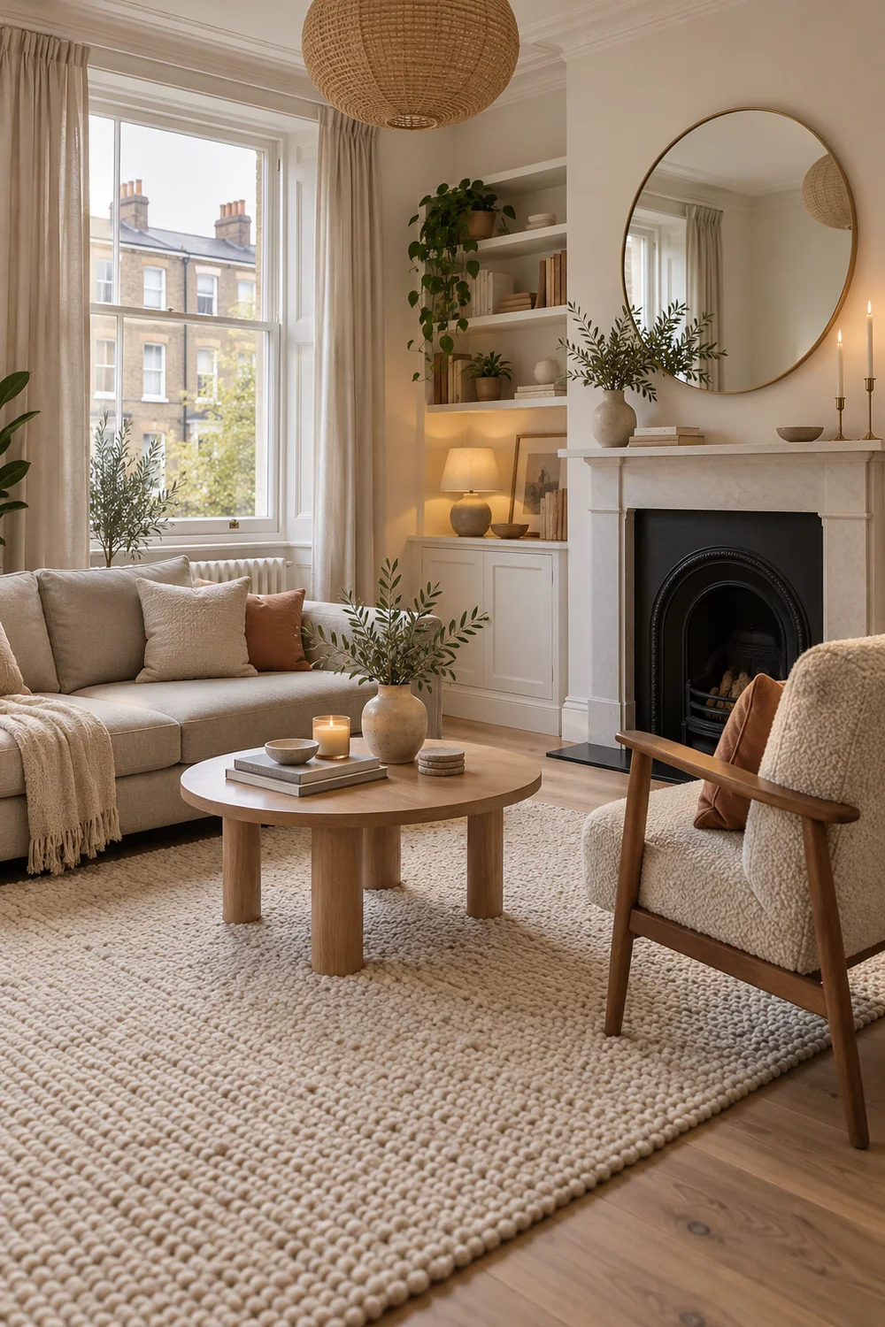 Conversation seating with sofa and chair around a wool rug