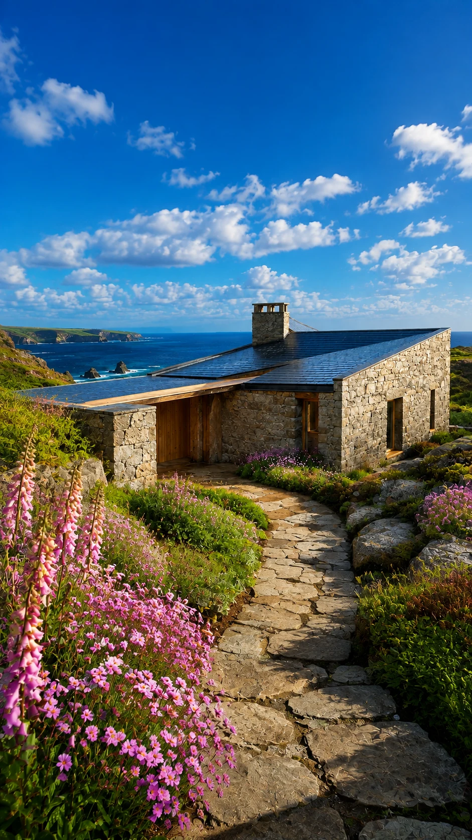 Cottage approach above turquoise Atlantic