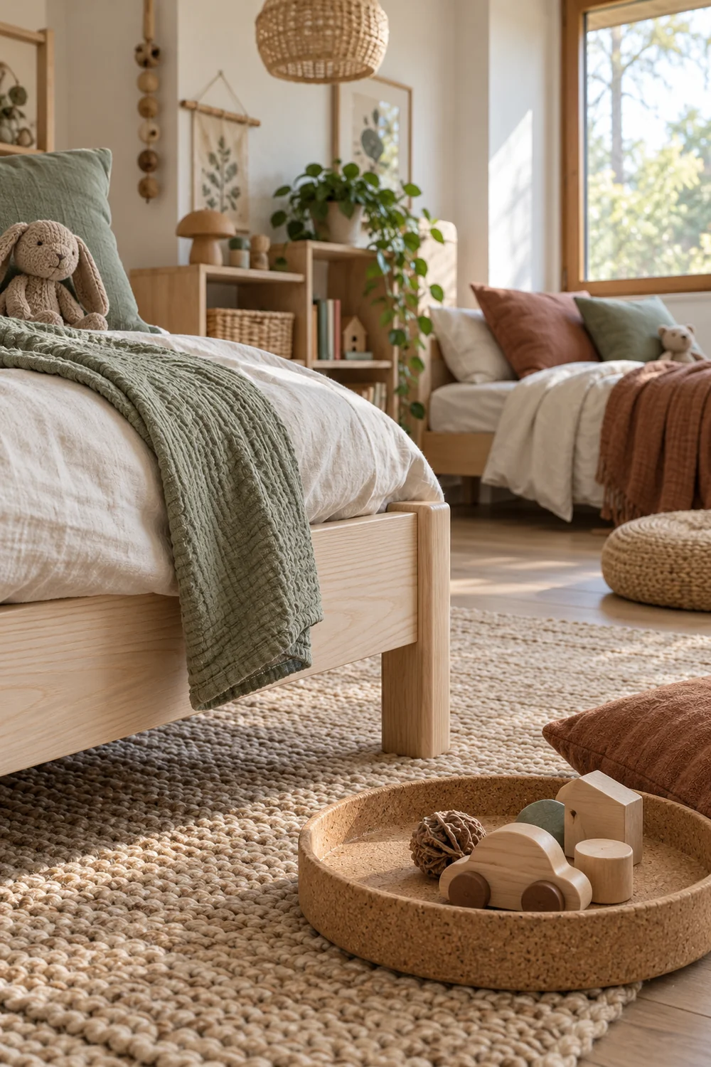 Cotton bedding and woven rug add natural bedroom texture