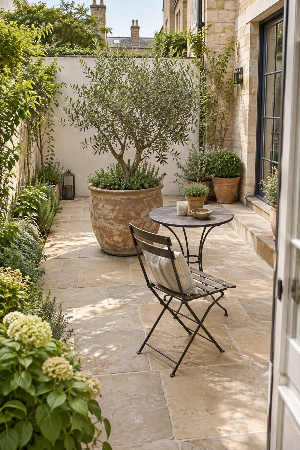 Courtyard chair and small table arranged with a clear route around a focal planter