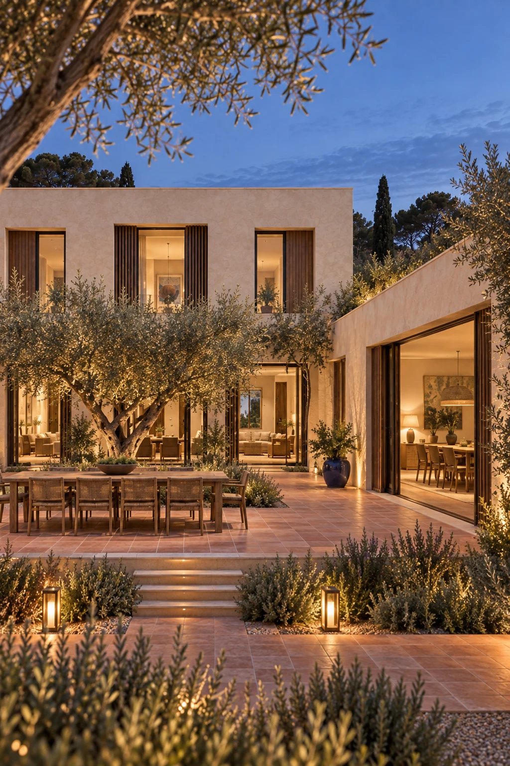 Courtyard dining pergola illuminated at dusk beside the mature olive tree