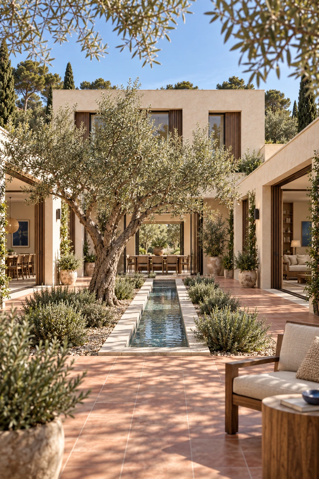 Courtyard water rill surrounded by olive foliage, rosemary and terracotta paving