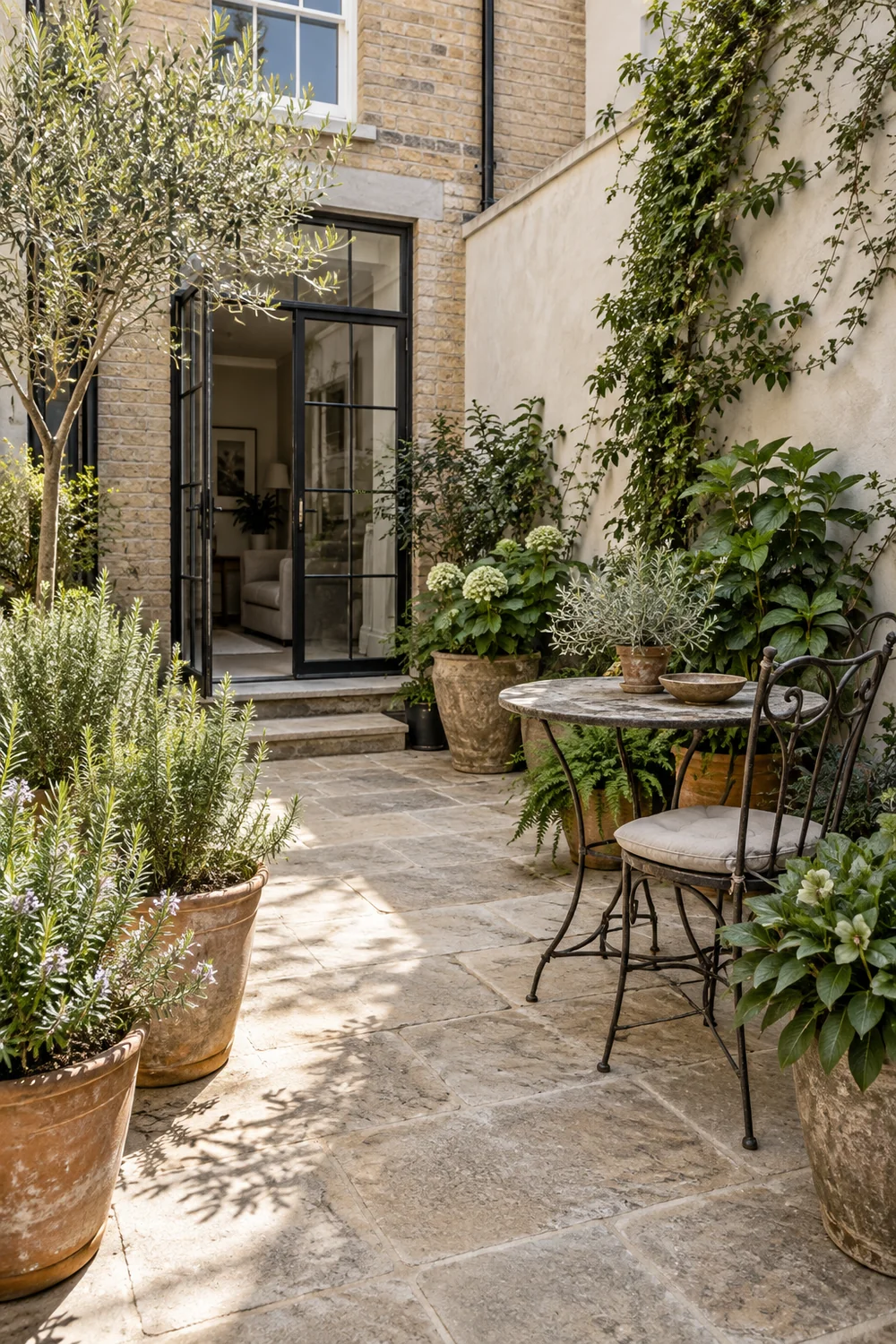 Courtyard with sunlit rosemary pots and a shaded wall of leafy plants