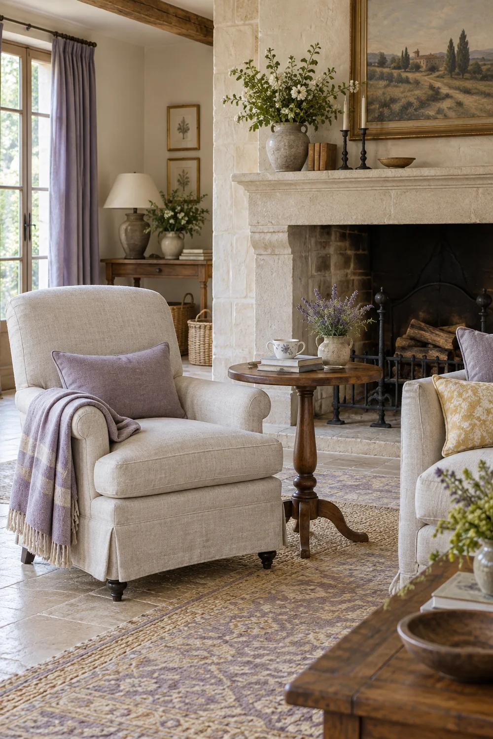 Cream armchair with a reachable chestnut side table near a stone fireplace