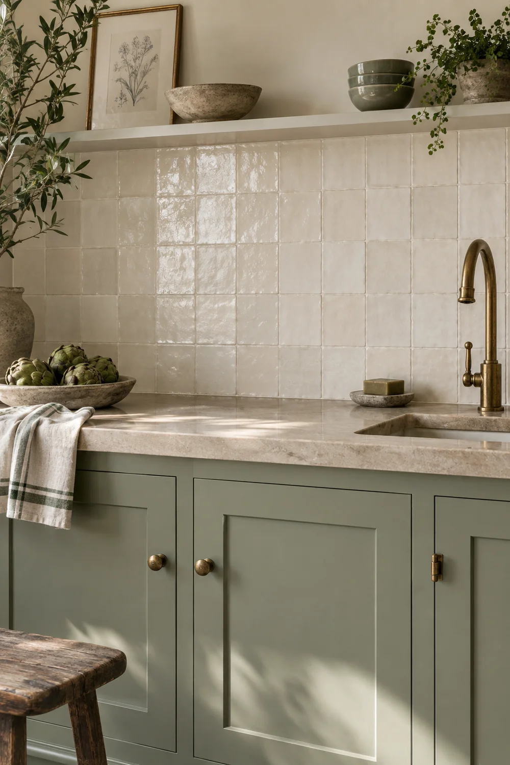 Cream handmade tile backsplash above light sage green kitchen cabinets