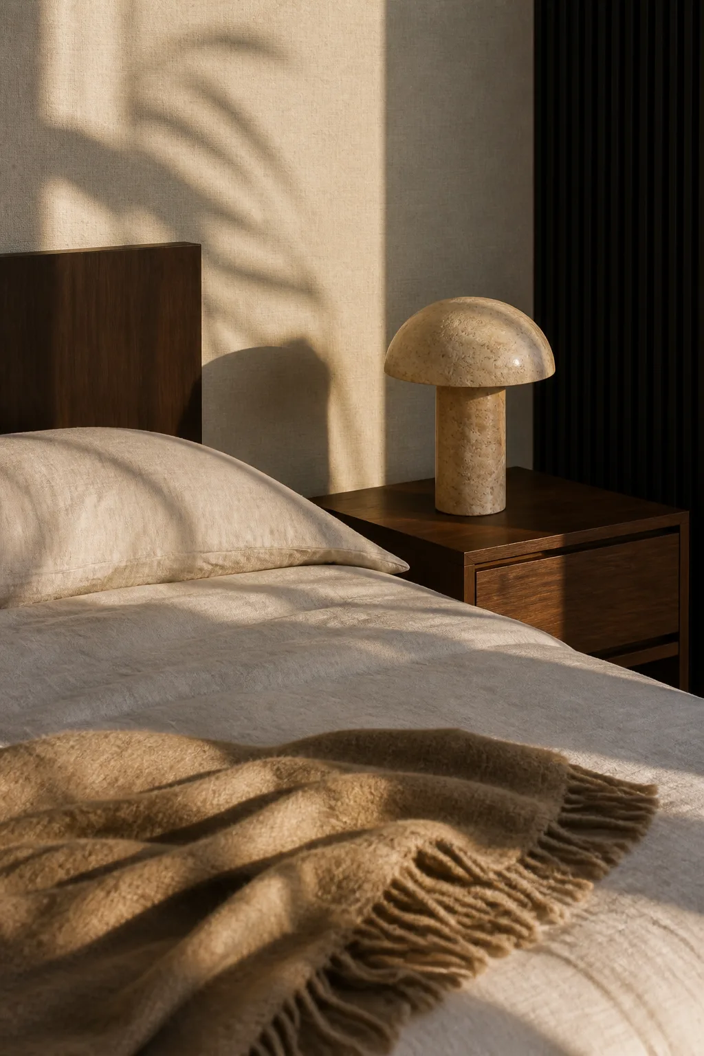 Cream linen, camel wool, walnut bedside table and a stone lamp in the Palm Springs bedroom.