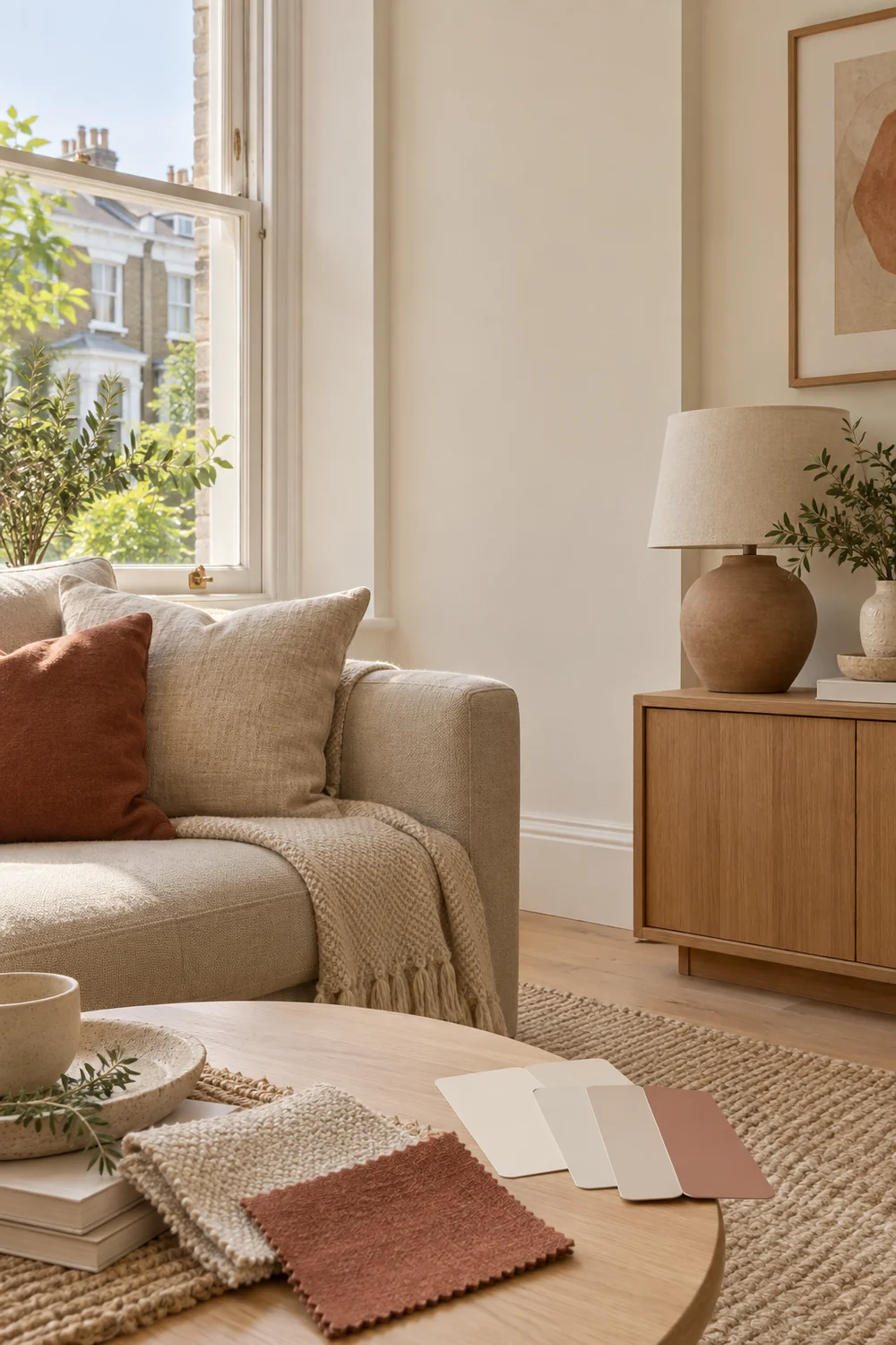 Cream wall and portable fabric samples in a rental living room