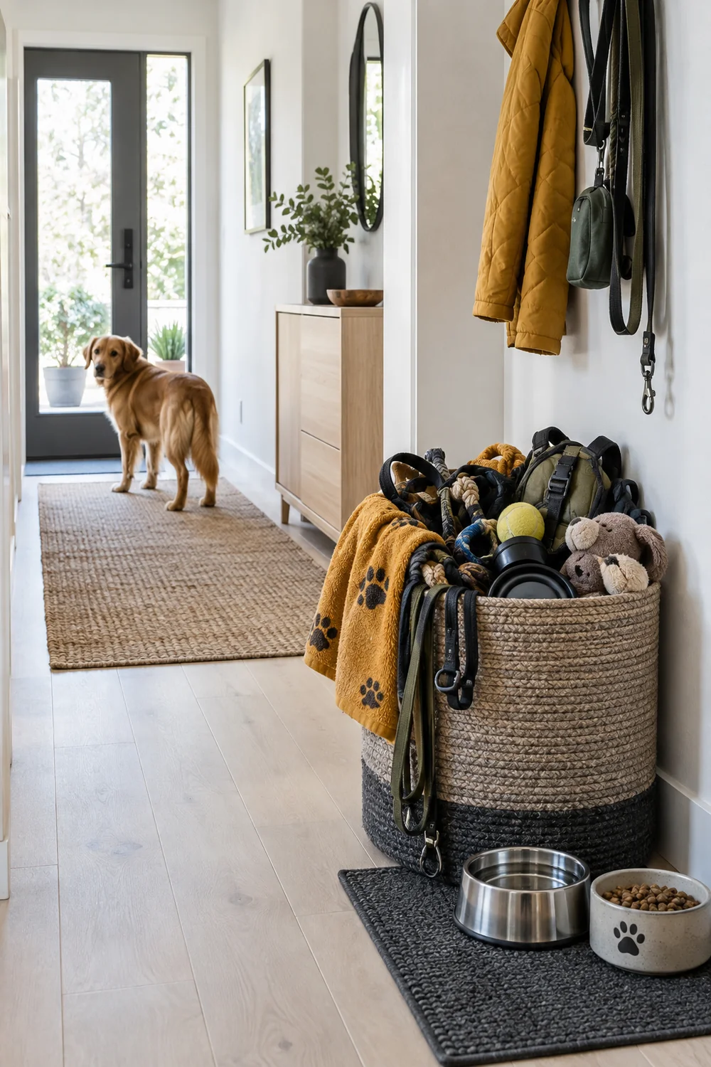 Crowded dog gear basket beside an otherwise clear pale birch hallway