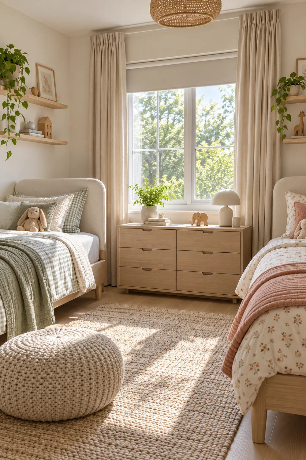 Curtains and blind control light in a shared bedroom