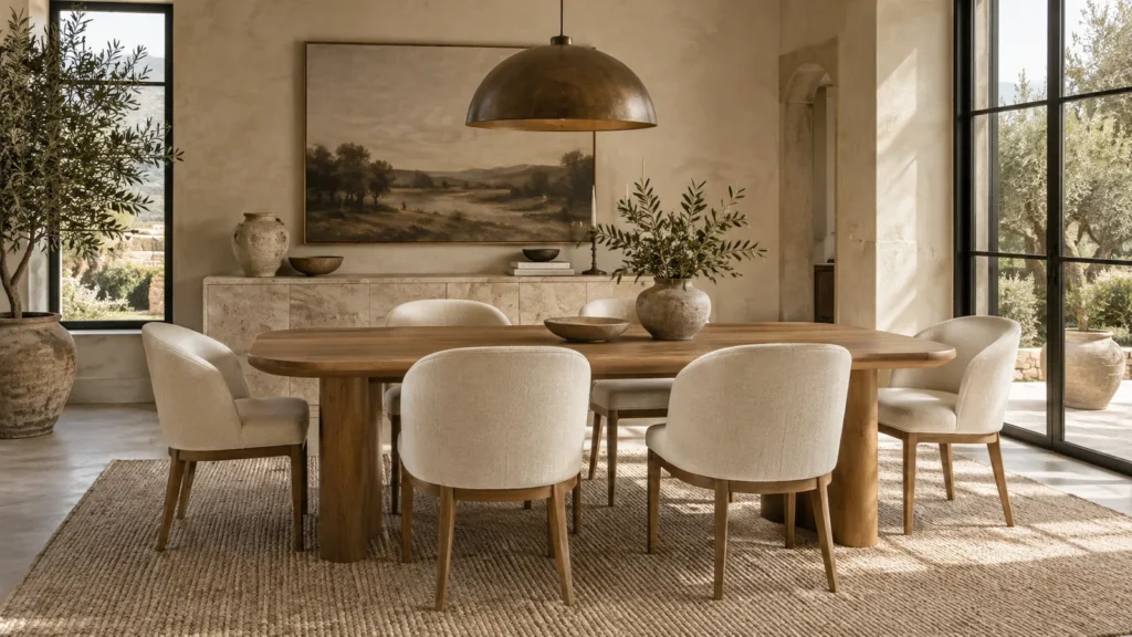 Organic modern dining room with warm oak table.