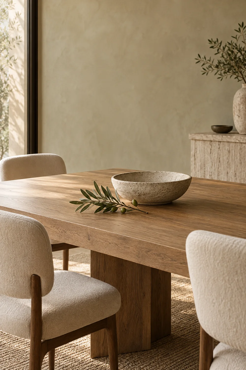 Warm oak table with stoneware bowl and olive branch.