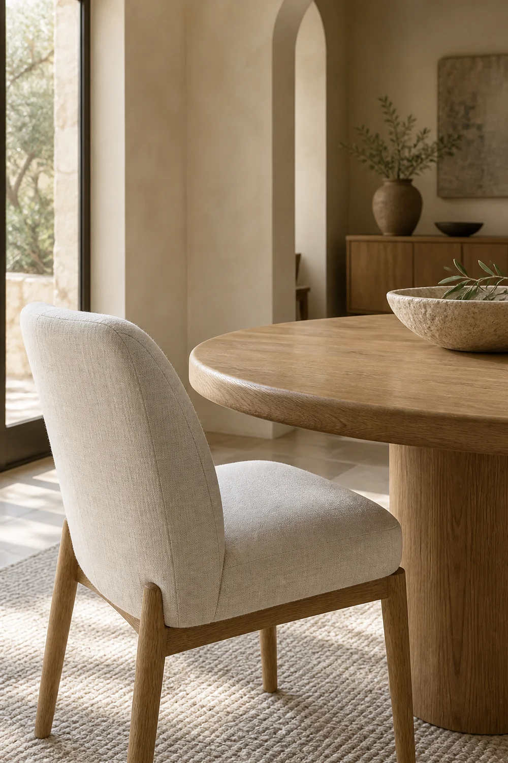 Ivory linen chair beside rounded warm oak table.