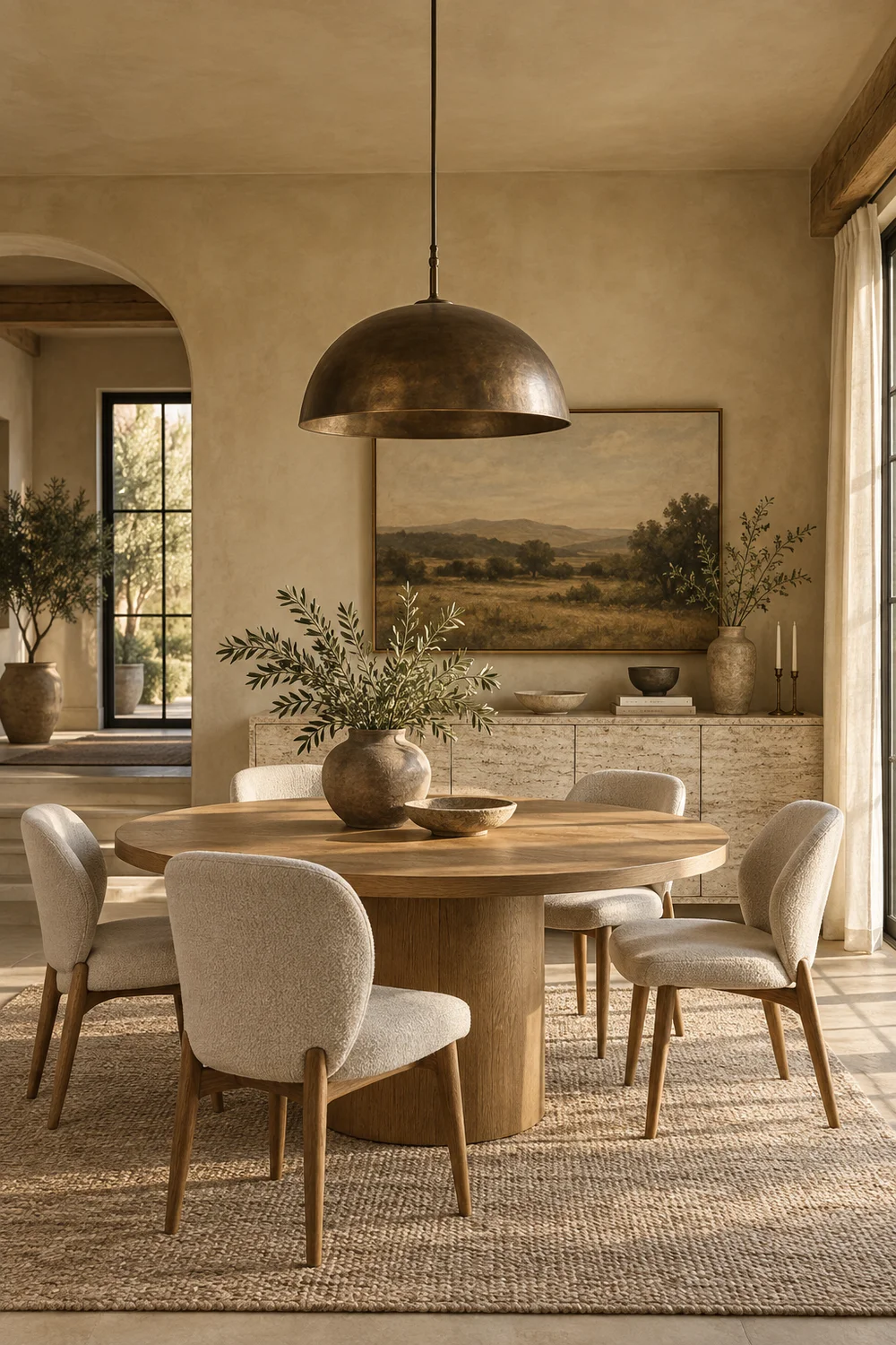 Organic modern dining room with bronze pendant and tonal art.