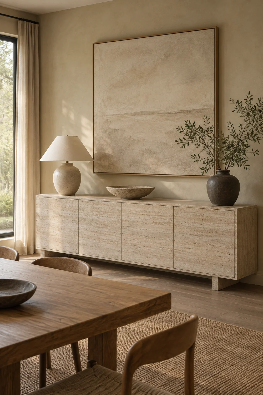 Travertine sideboard with ceramic lamp and tonal art.