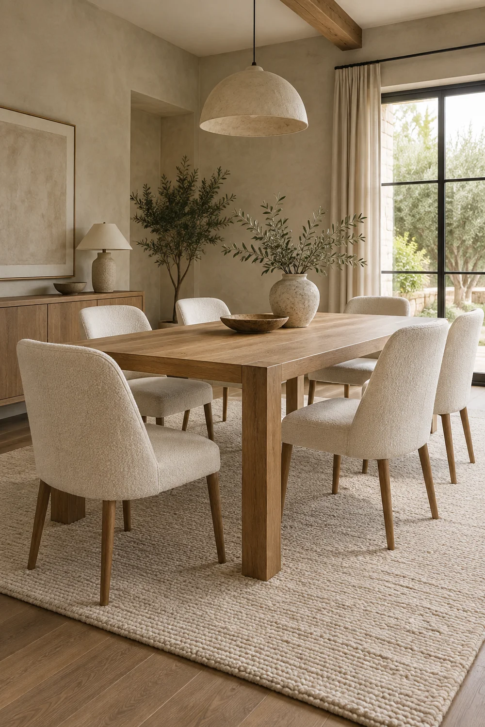 Ivory upholstered chairs around warm oak dining table.