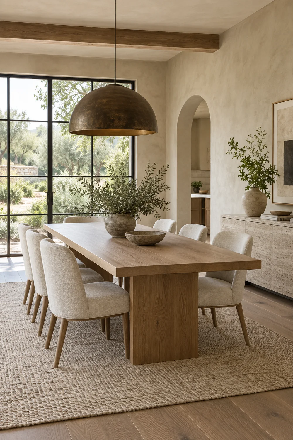 Daylit organic modern dining room with wool rug.