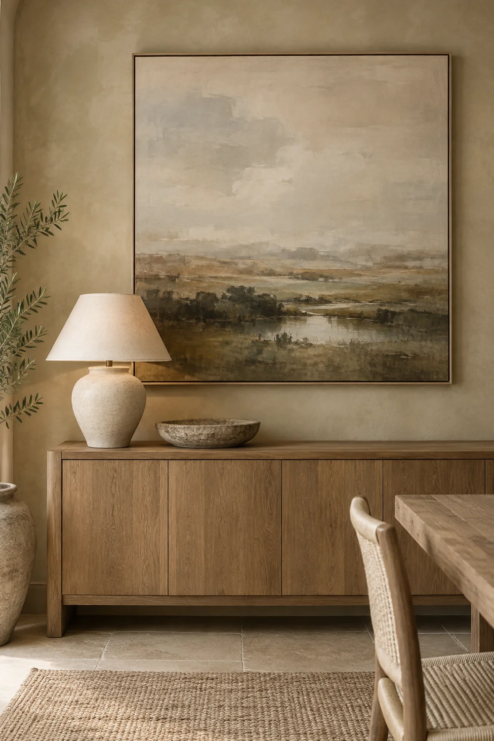 Large tonal landscape above warm oak sideboard.
