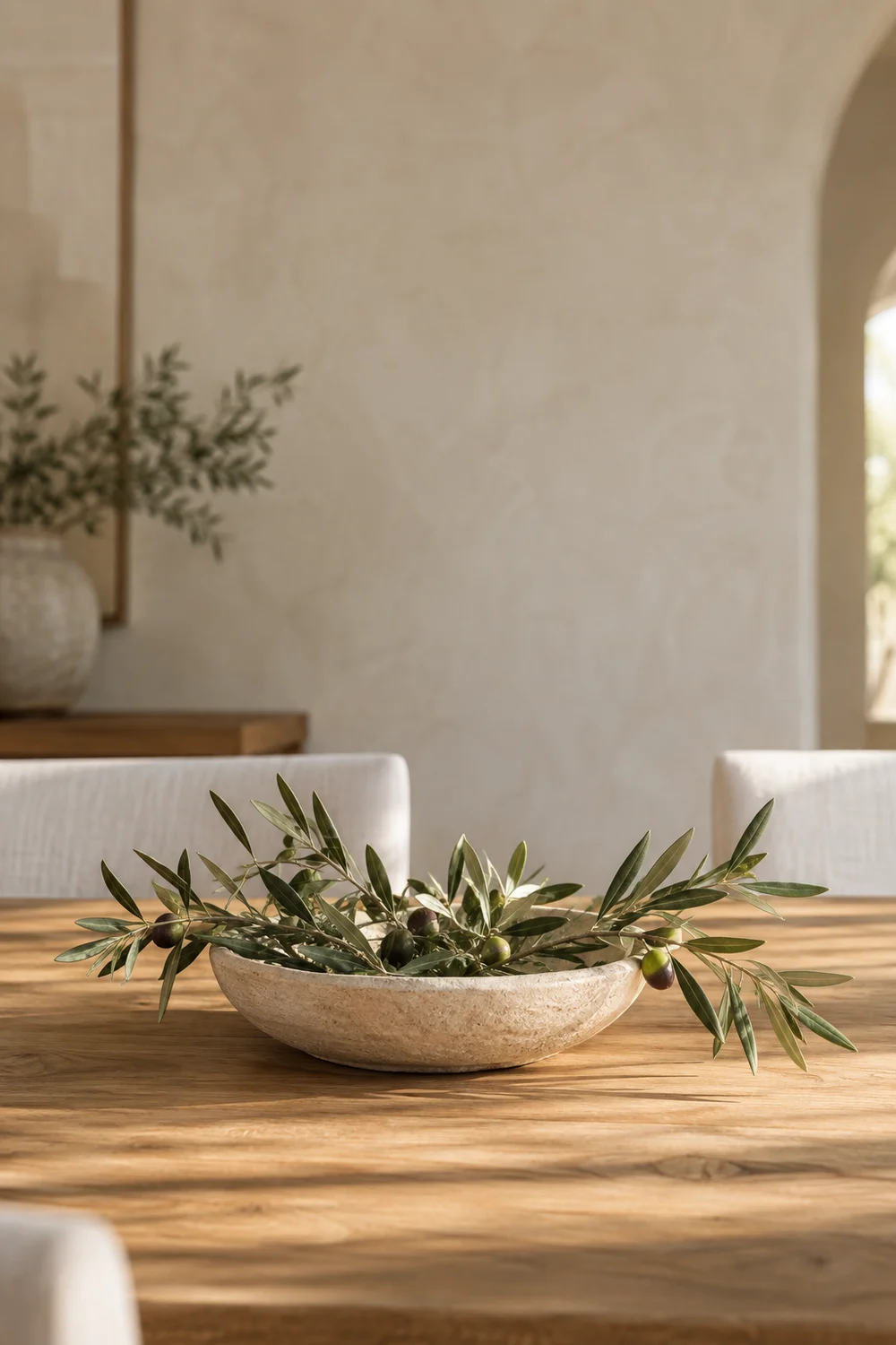 Low ceramic bowl with loose olive branches.