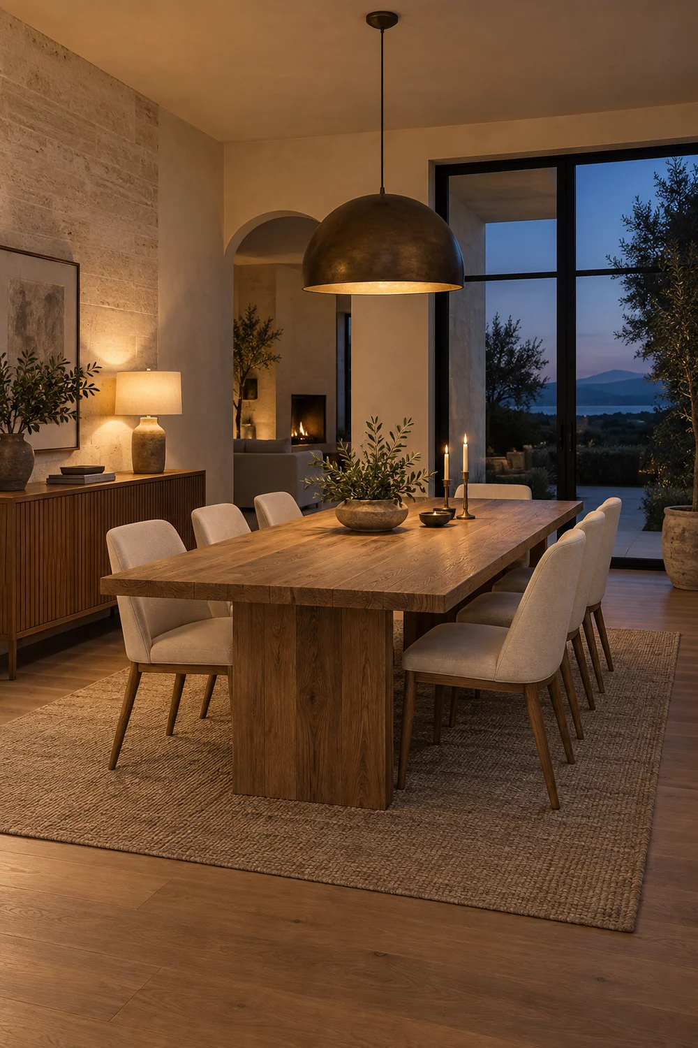 Organic modern dining room with evening lighting.
