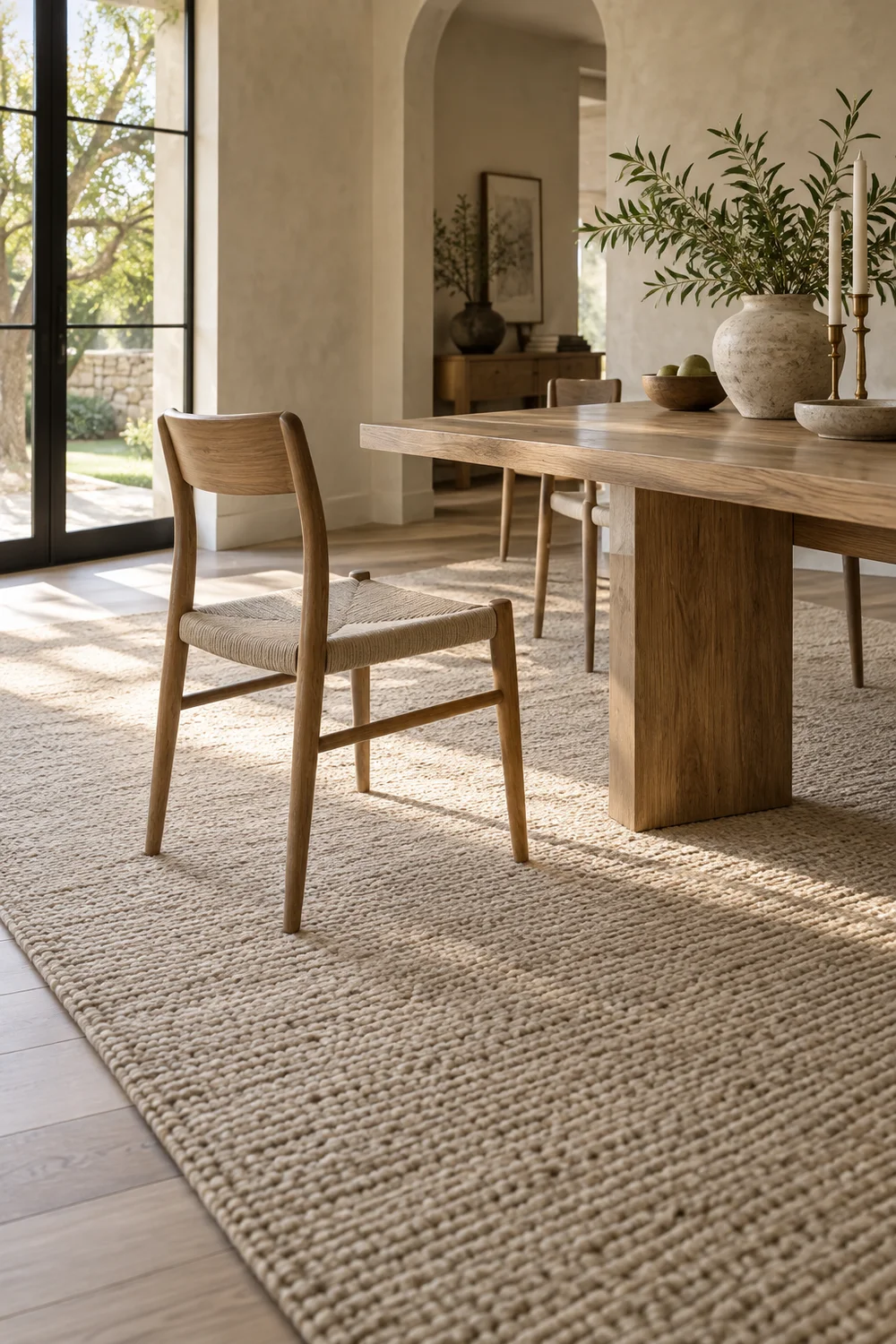 Dining chair pulled back across textured wool rug.