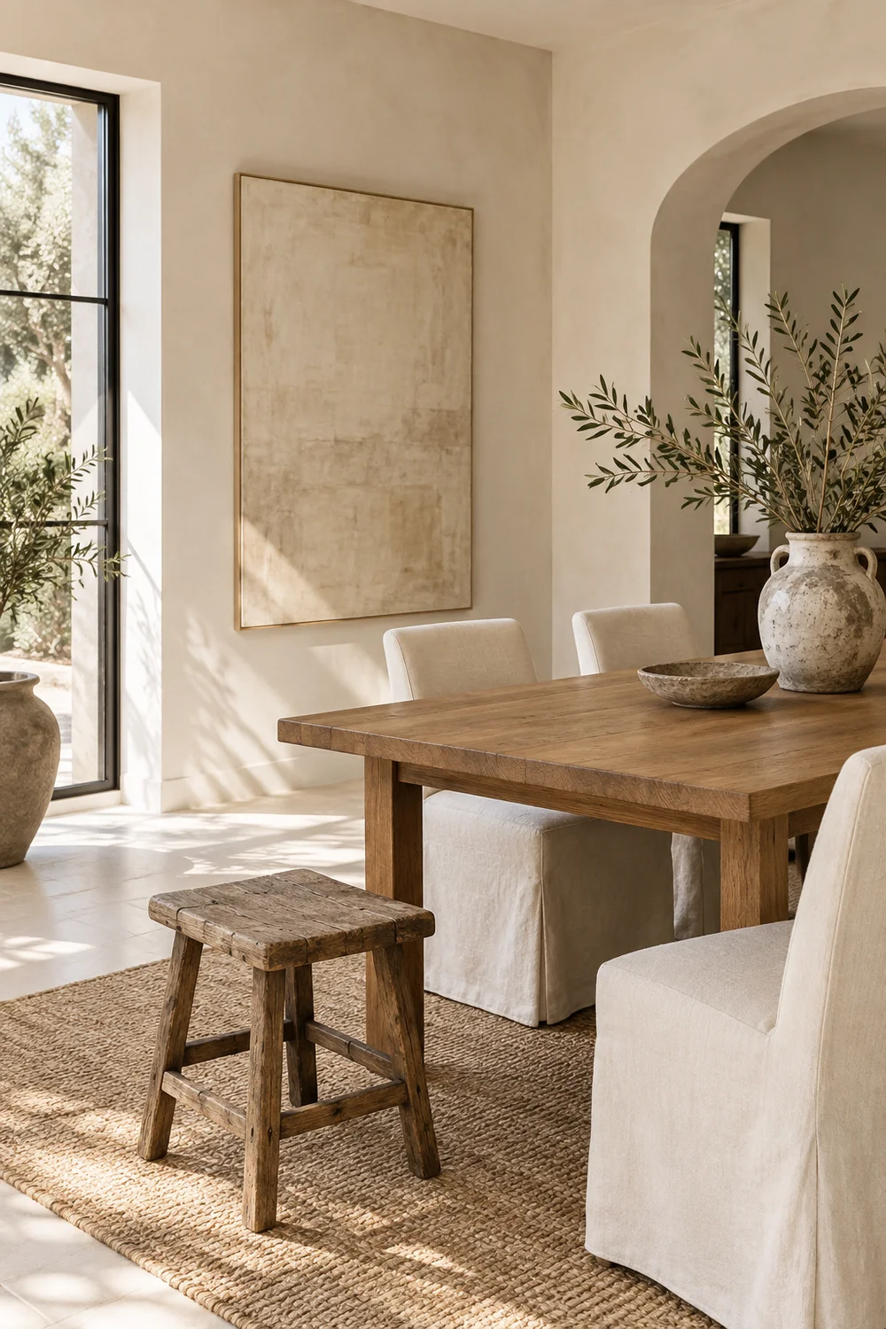 Organic modern dining room with aged timber stool.