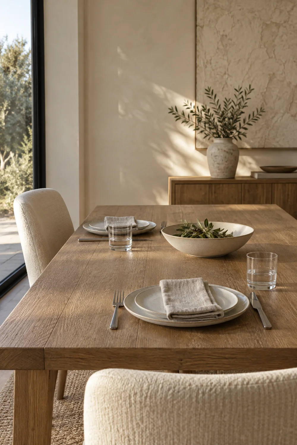 Warm oak table set for an ordinary dinner.