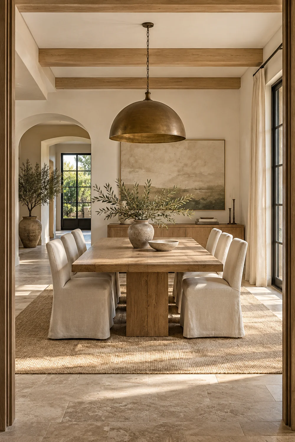 Relaxed organic modern dining room from doorway.