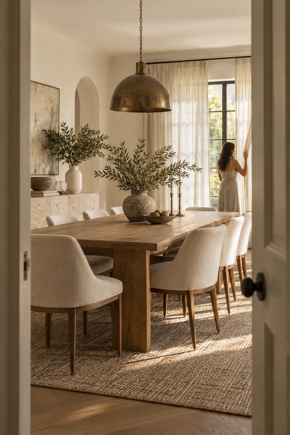 Woman opening linen curtains in organic modern dining room.