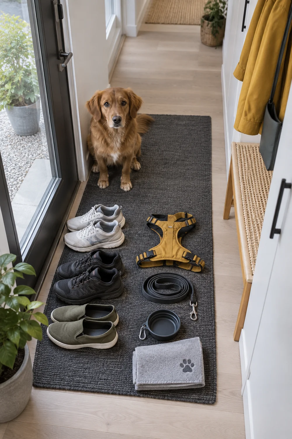 Daily walking shoes lead harness and clean towel sorted on a pale floor