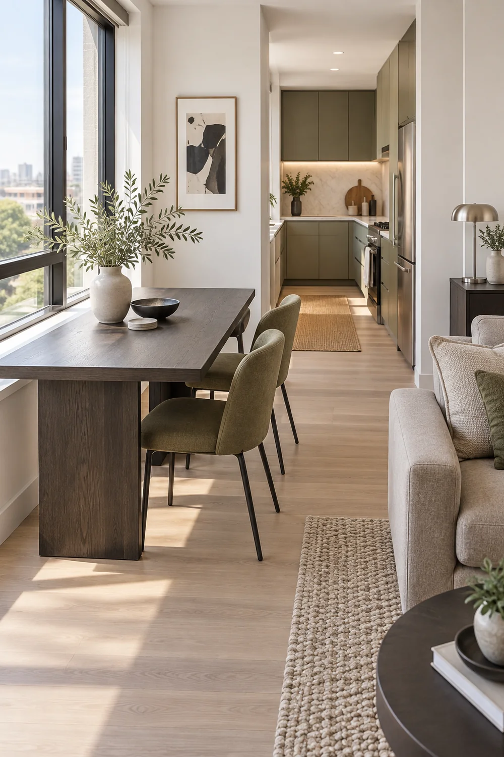 Dark dining table along an apartment window with two chairs and a nearby sofa
