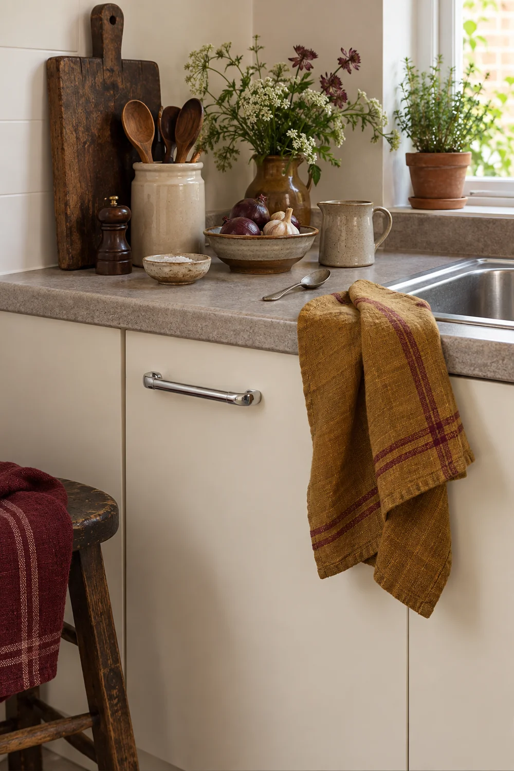 Dark pine and warm cloth accents against fixed cream kitchen cabinets