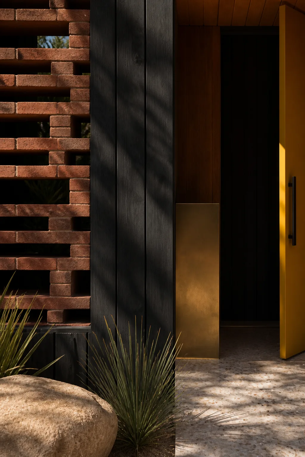 Dark red brick, black timber, warm timber, mustard yellow door and pale terrazzo at the Palm Springs house.