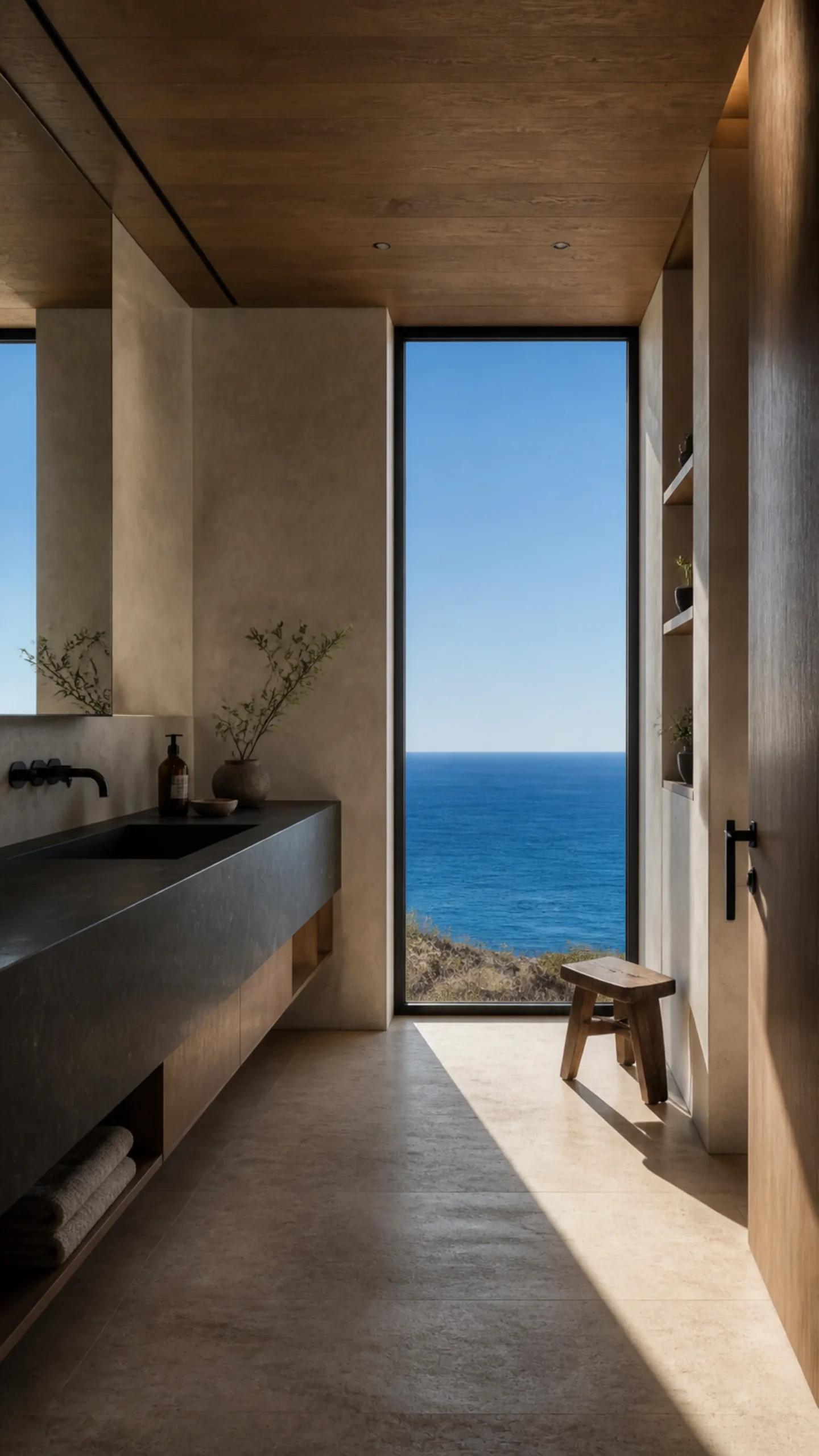 Dark stone bathroom vanity pale plaster and black fixtures beside a sea view An original fictional editorial architecture study of material landscape light and spatial atmosphere..